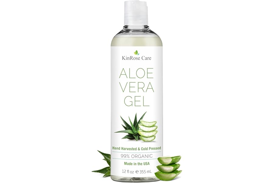 KinRose Care, 12oz Organic Aloe Vera Gel for Face, Skin, Hair & Sunburn Relief – From 100 Percent Pure Aloe Vera – Cold Pressed, Vegan, Unscented – Made in USA.