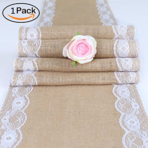 TRLYC Pack of One Handmade Burlap Table Runner Vintage Wedding Table Runner with Country Cream Lace/ Rustic Table Decor--12X108 Inch