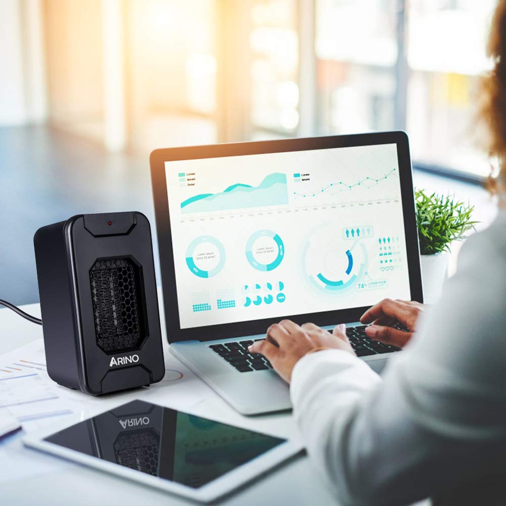 ARINO Stufa Elettriche Mini Riscaldatore Portatile Termoventilatore Riscaldamento Elettrico a Ventilatore a Basso Consumo 500W per Scrivania Ufficio Casa con Protezione da Surriscaldamento Colore Nero