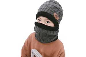 HINDAWI Winter Hat Scarf for Boys Girls Kids (5-14 Years) Slouchy Beanie Windproof Warm Knit Snow Infinity Scarf Skull Cap