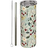 amepay Vintage Butterfly and Cherry Stainless Steel Insulated Tumbler with Lid - 20oz Floral Travel Mug,Reusable Metal Straw & Brush, Double-Wall Vacuum Bottle Cup for Hot and Cold Drinks Gifts
