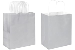 Oikss 50 Pack 8x4.75x10 inch Medium Paper Bags with Handles Bulk, Kraft Bags Birthday Wedding Party Favors Grocery Retail Shopping Takeouts Business Goody Craft Gift Bags Sacks (Silver Grey 50 PCS)