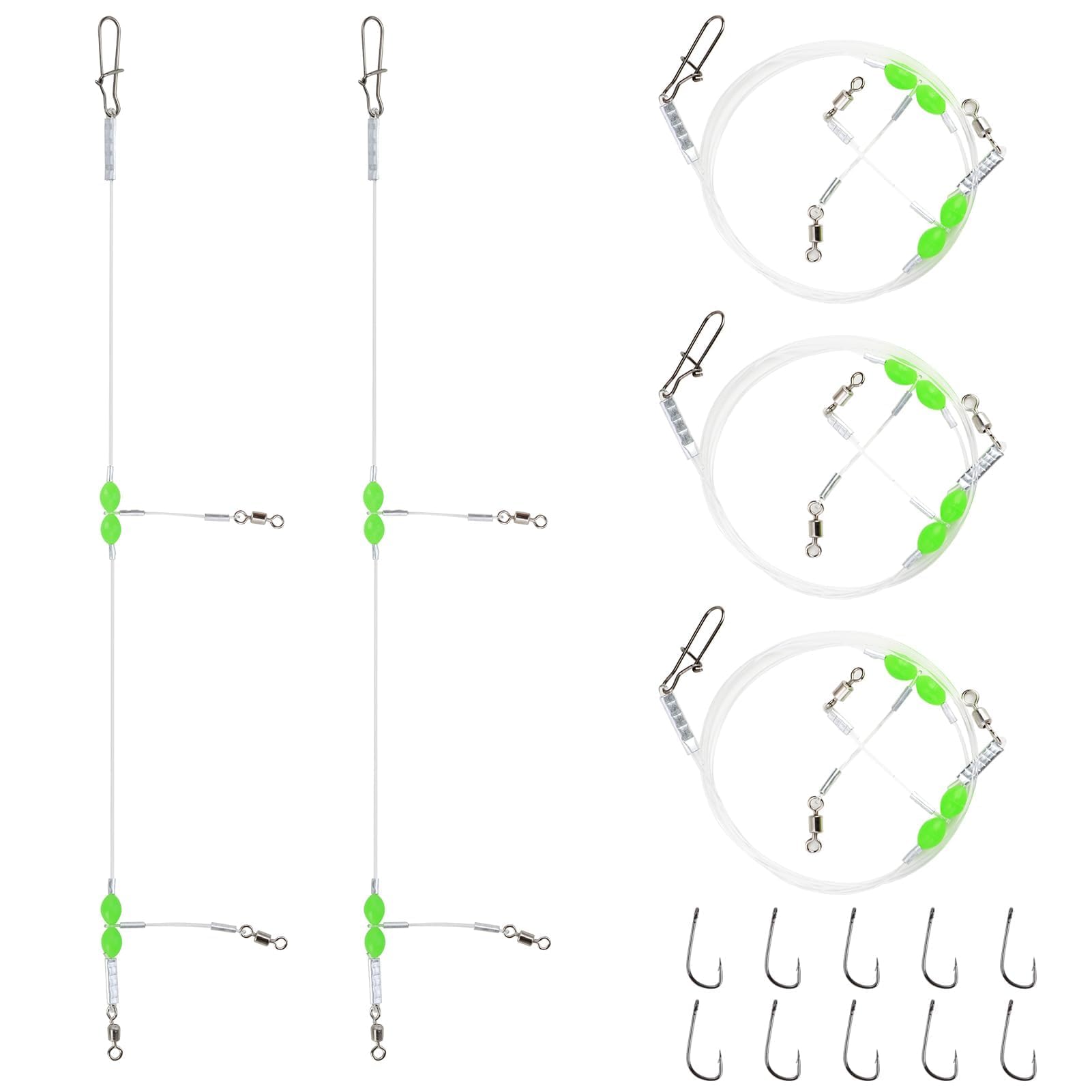 5pcs Sea Pulley Rigs - Single & Double Hooks Sizes 1 2/0 Pre-Tied Flatfish Rigs for Beach Casting, Sole/Whiting/Flounder/Plaice/Bass