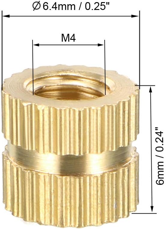 sourcing map Knurled Insert Nuts - 200Pcs M4 x 6mm Length x 6.4mm OD Female Thread Brass Threaded Insert Embedment Nut for 3D Printer - Image 3