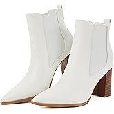 Putu Women's Pointed Toe Ankle Boots Chunky Heel Chelsea Boots Pull on Heeled Booties with Elastic Gore