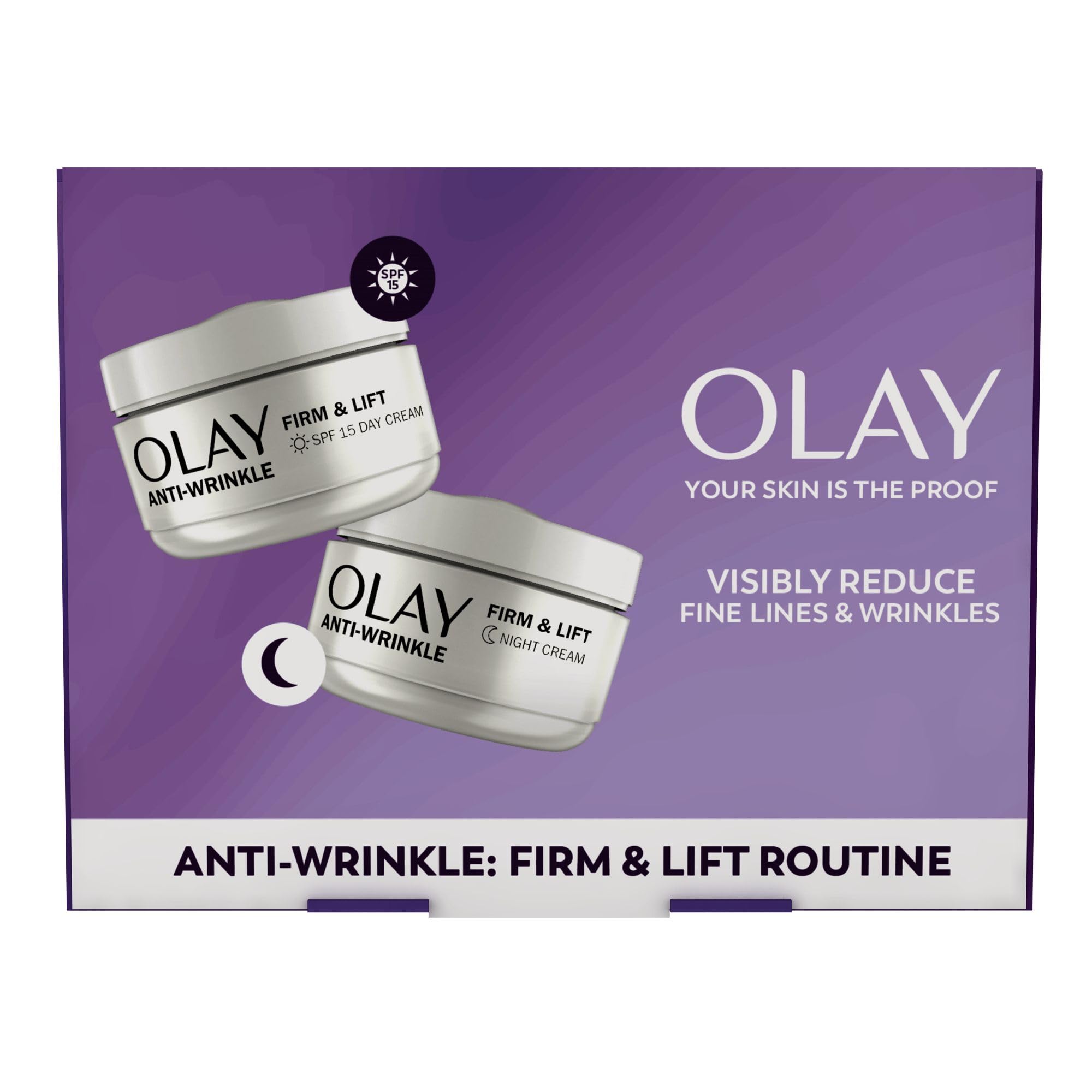 Olay Anti-Wrinkle Firm & Lift Giftset: SPF15 Day Face Cream 50ml + Night Cream Moisturiser 50ml, Anti-Ageing Skin Care