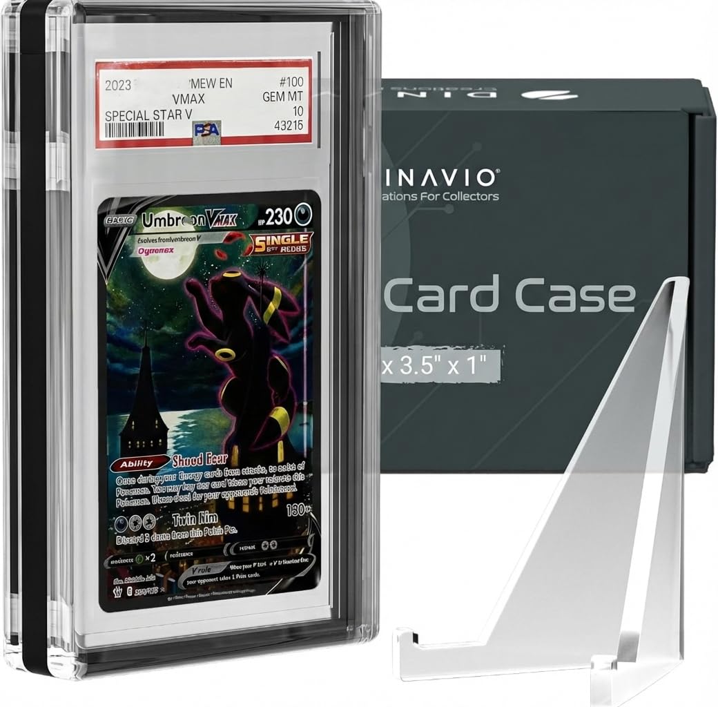 Photo 1 of Dinavio Crafthouse PSA Graded Card Display Acrylic Case for Standard PSA and CGC Slabs - Slab Case - PSA Card Case - Graded Card Display Case - Updated Dimensions - Stand Included (Black Border)