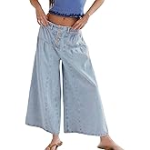 loveimgs Women Mid Rise Pleated Denim Palazzo Pants Cargo Wide Leg Baggy Jeans Ruffle Flare Harem Pants Y2k Elastic Waist