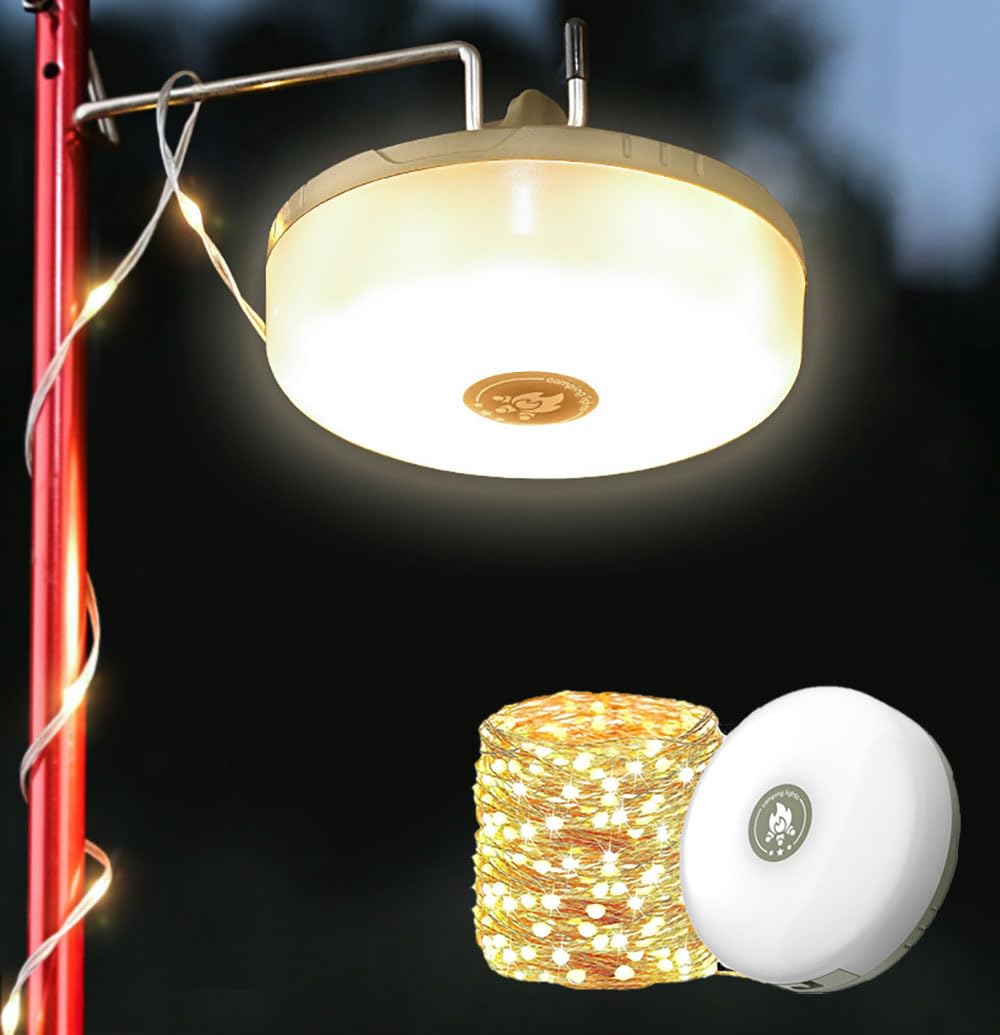 Fudinu 2-in-1 LED String Lights for Outdoor Camping - 9M Waterproof IP44 with 5 Modes for Tent, Yard and Christmas Decoration