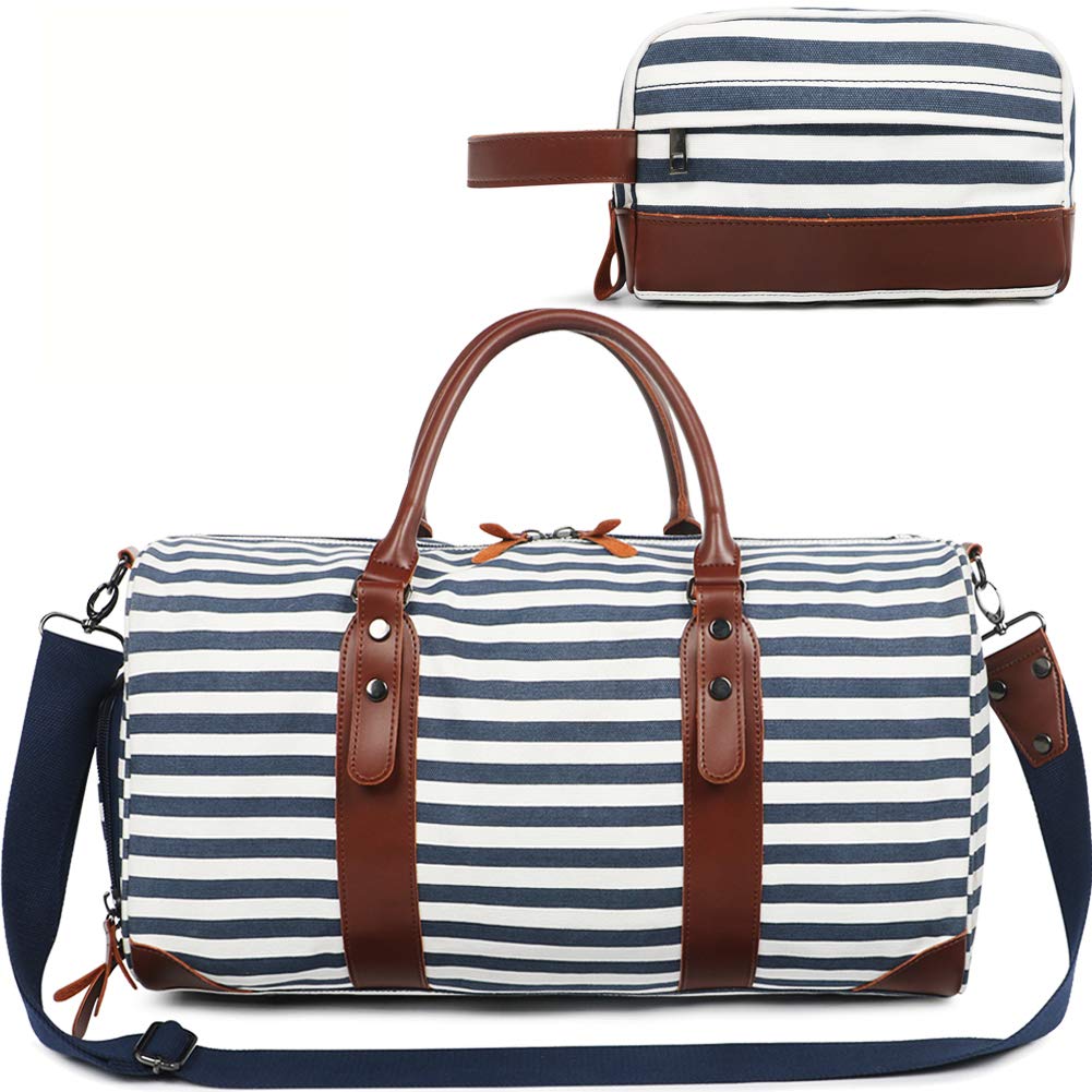Oversized Tote/Hand/Shoulder Strap Luggage with Shoe Compartment+Toiletry Bag, Canvas PU Leather