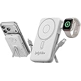 Magnetic Portable Charger Built-in Cables,10000mAh Fast Charging Wireless Charger Station External Battery Pack Slim Pocket Size Power Bank with Stand Compatible with iWatch, iPhone and Android Phones