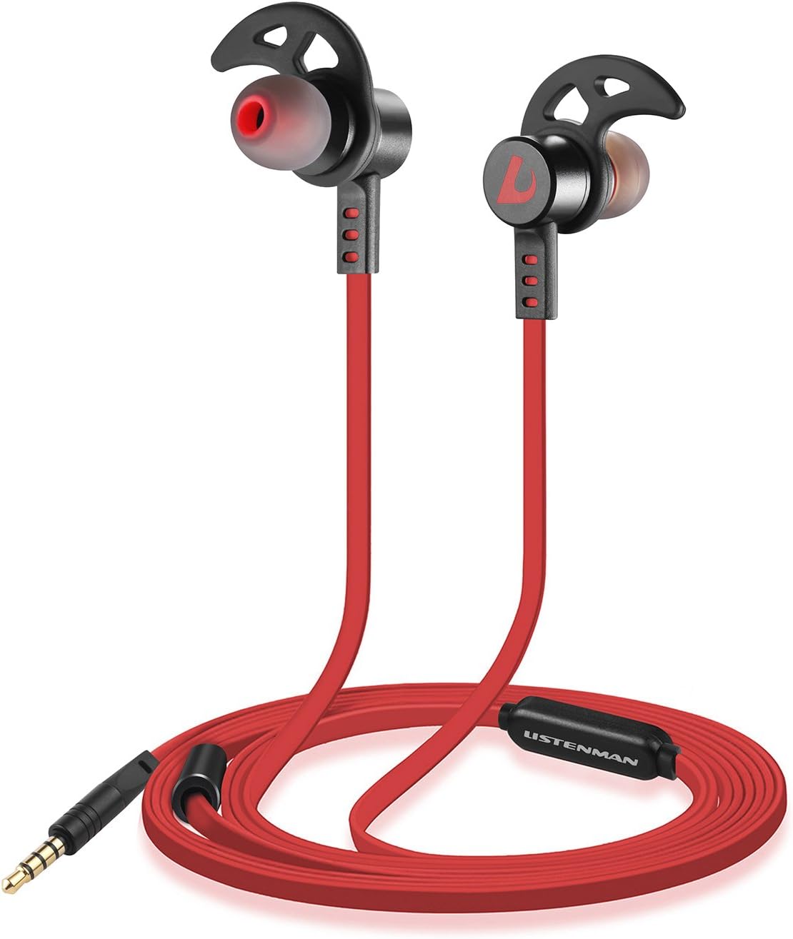 Sports headphones, Wired HI-FI Stereo Sound Earphones HD Vioce Earpieces Sports In-ear Earbuds with Noise Isolating Mic for iOS and Android Cellphone Listenman B11 Red