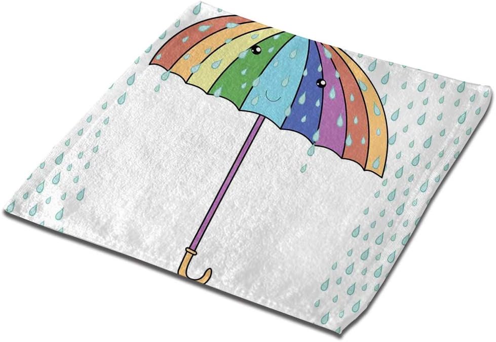 2-Pack 13" Face Bath Towel Set Hand Towels and Washcloths Microfiber Dish Cloth, Joyful Autumn Season Theme Cartoon Umbrella in Rainbow Colors Smiling During Rainfall