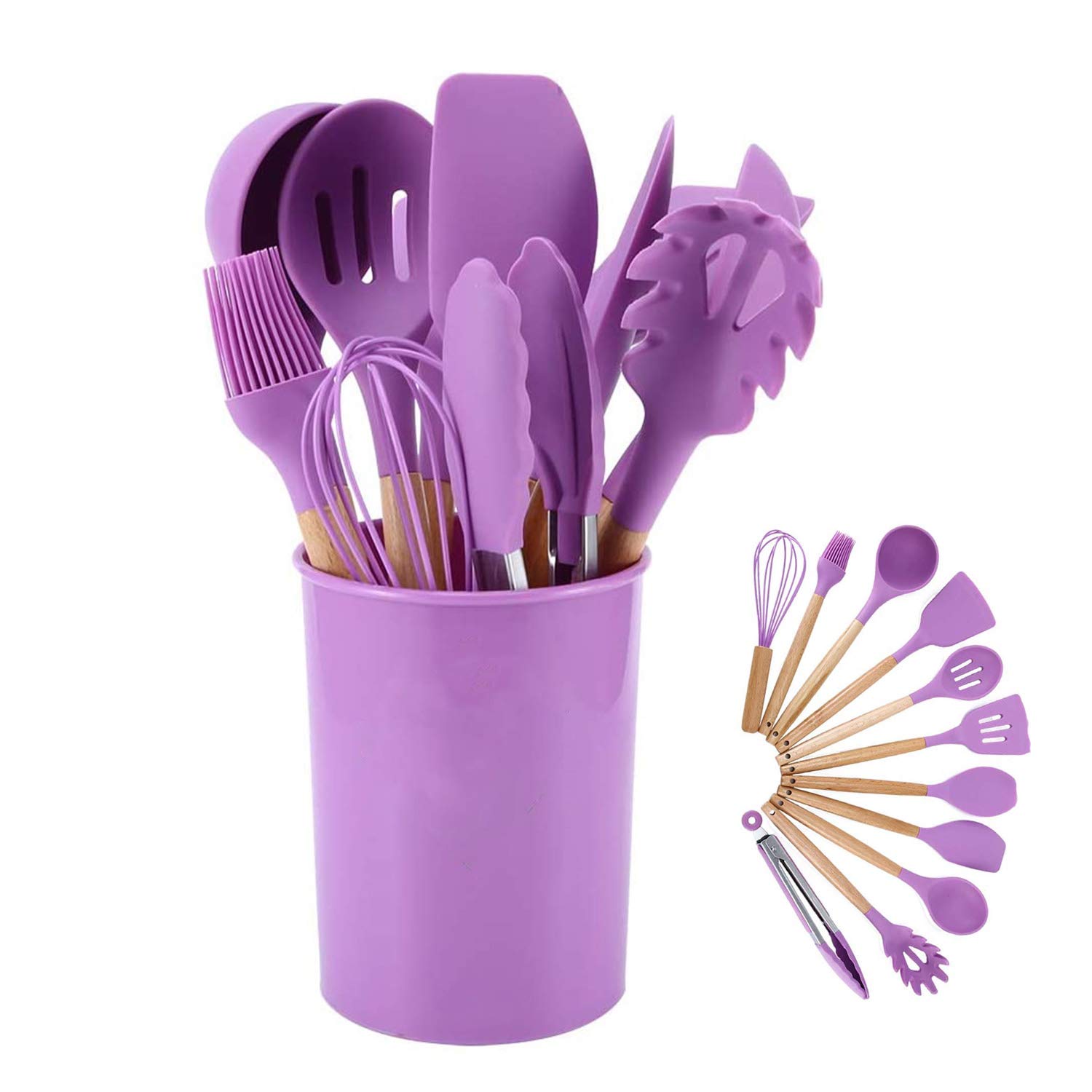 Silicone Cooking Utensils Kitchen Utensil Set - 446°F Heat Resistant,Turner Tongs,Spatula,Spoon,Brush,Whisk. Wooden Handles Gray Kitchen Gadgets Tools Set for Nonstick Cookware(Purple-12pcs)