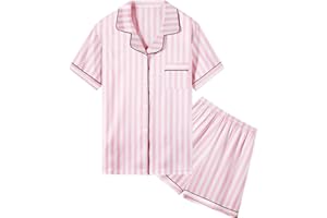Umeyda Women & Girls Pajamas Set, Soft Satin Lightweight Silk Button-Down Top with Shorts 2 Piece PJS for Mom Boys Kids Gifts