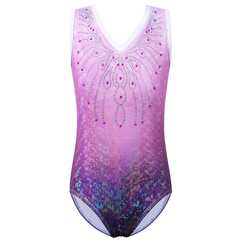 ZNYUNE Gymnastic Leotards for Girls Sparkle Colorful Stripes Dancing Athletic Leotard 254 Purple 8A
