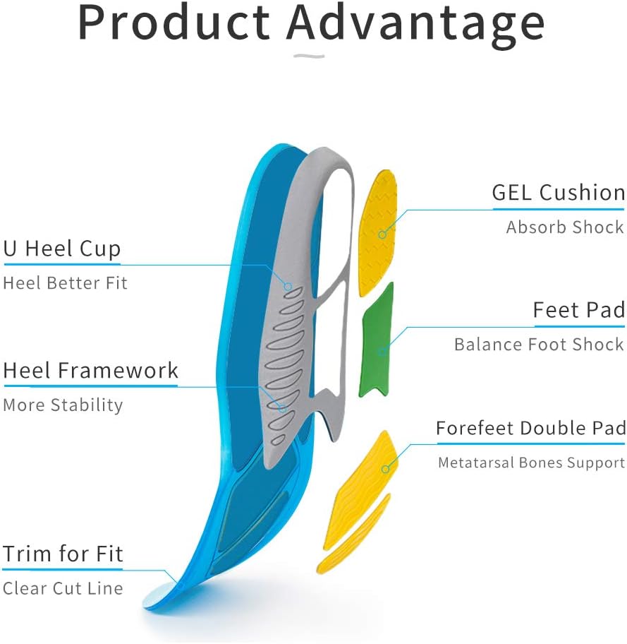 Full-Length Gel Insole Arch Support Athlete Shock Absorption Cushioning Unisex Shoe Insert Pain Relief Flat Feet Hiking: Health & Personal Care