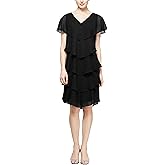 S.L. Fashions Womens Short Sleeve Tiered Chiffon Cocktail Dress, Wedding Guest Gown (Petite and Regular Sizes)