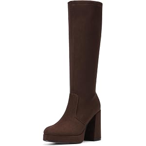 DREAM PAIRS Women's Chunky Platform Heels Knee High Boots | Round Toe Block Gogo Side Zipper Comfortable High Heels Tall Fash