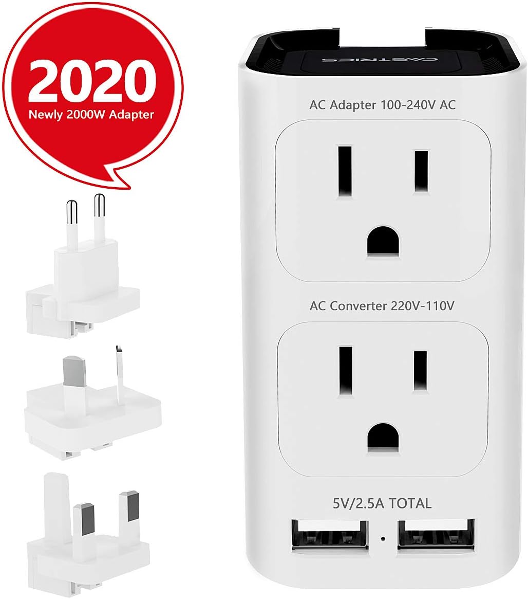 CASTRIES Voltage Converter 220 to 110, 2000W Universal Travel Adapter and Converter Combo with 2.5A 2-Port USB Charging and EU/UK/AUS/US Worldwide Plug Adapter, White