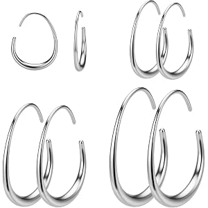 4 Pairs Teardrop Threader Hoop Earrings for Women Men | 14K Gold Plated Stainless Steel，Open Oval Pull Through，Hypoallergenic
