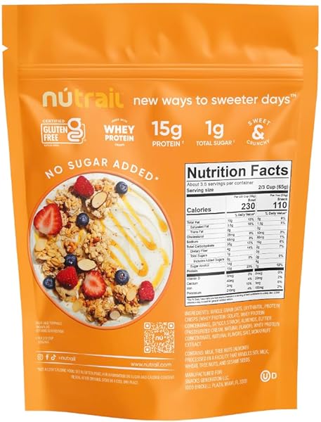 NUTRAIL 15G PROTEIN GRANOLA CEREAL, HONEY AND OATS, NO SUGAR ADDED, GLUTEN FREE, MADE WITH WHEY, 8 OZ. 1 COUNT