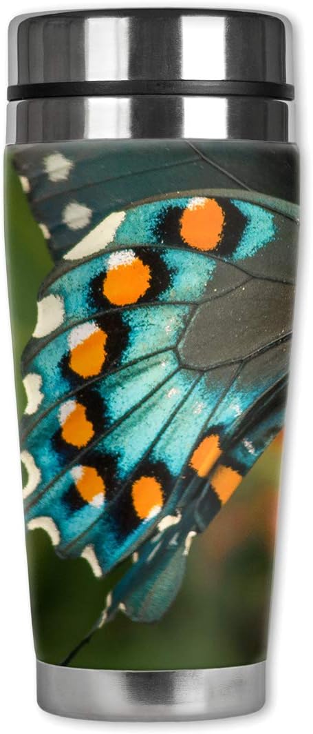 Mugzie 20 Ounce Stainless Steel Travel Mug with Wetsuit Cover - Blue, Black & Orange Butterfly