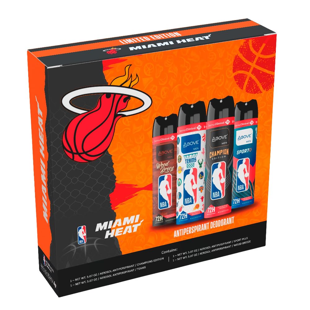 Above NBA Miami Heat Antiperspirant Deodorant Spray for Men, 4 Scents (Pack of 4)