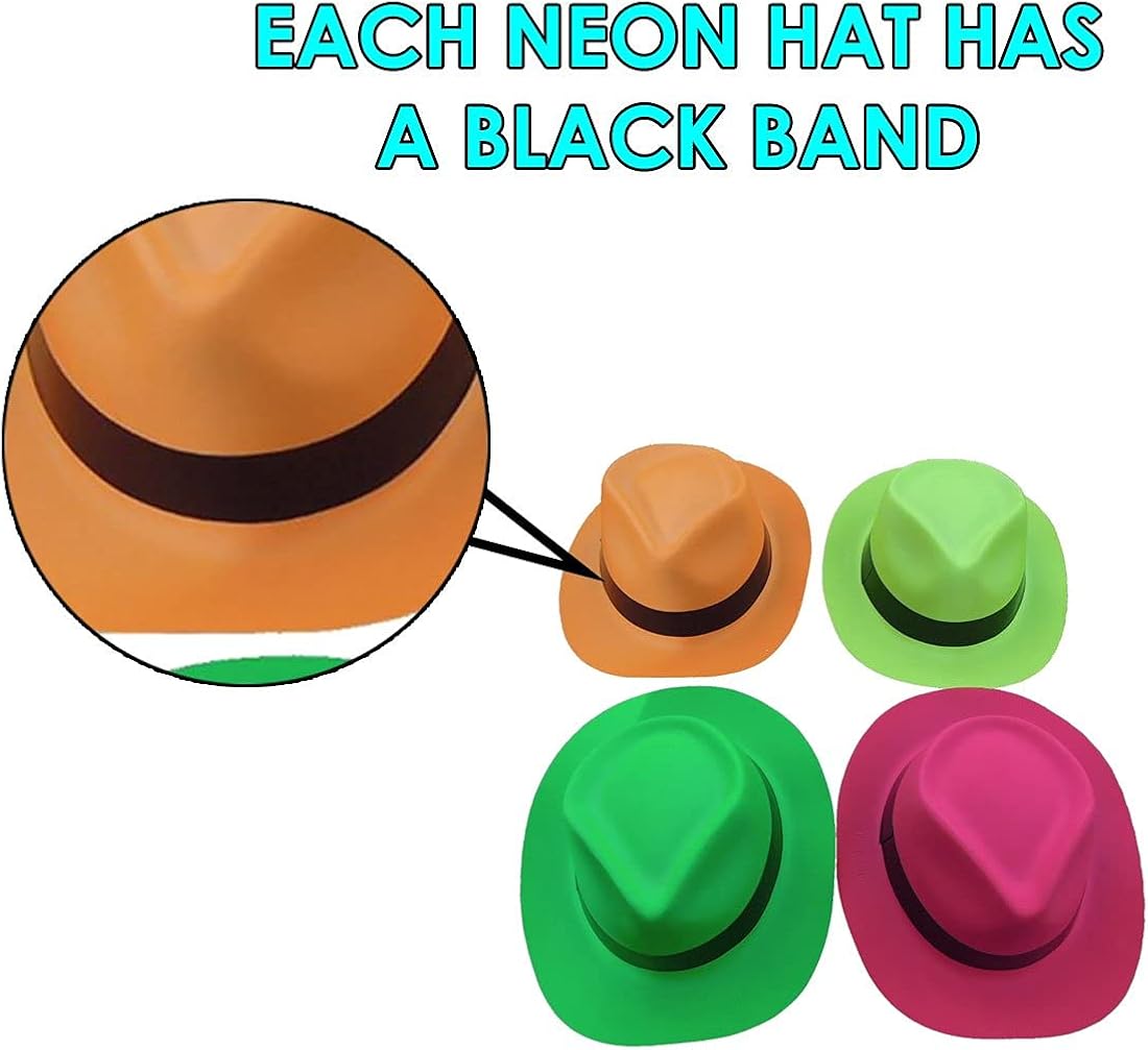 Neon Gangster Hats 24 Assorted Colors Plastic Fedora Dress Up Party Favor Hats Holiday Costume Accessory: Clothing