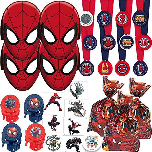 Spiderman Birthday Party Favors Pack For 12 With Medals, Spiderman Paper Masks, MINI Disc Shooters, Spiderman Tattoos, Favor Goodie Bags, and Exclusive Pin By Another Dream