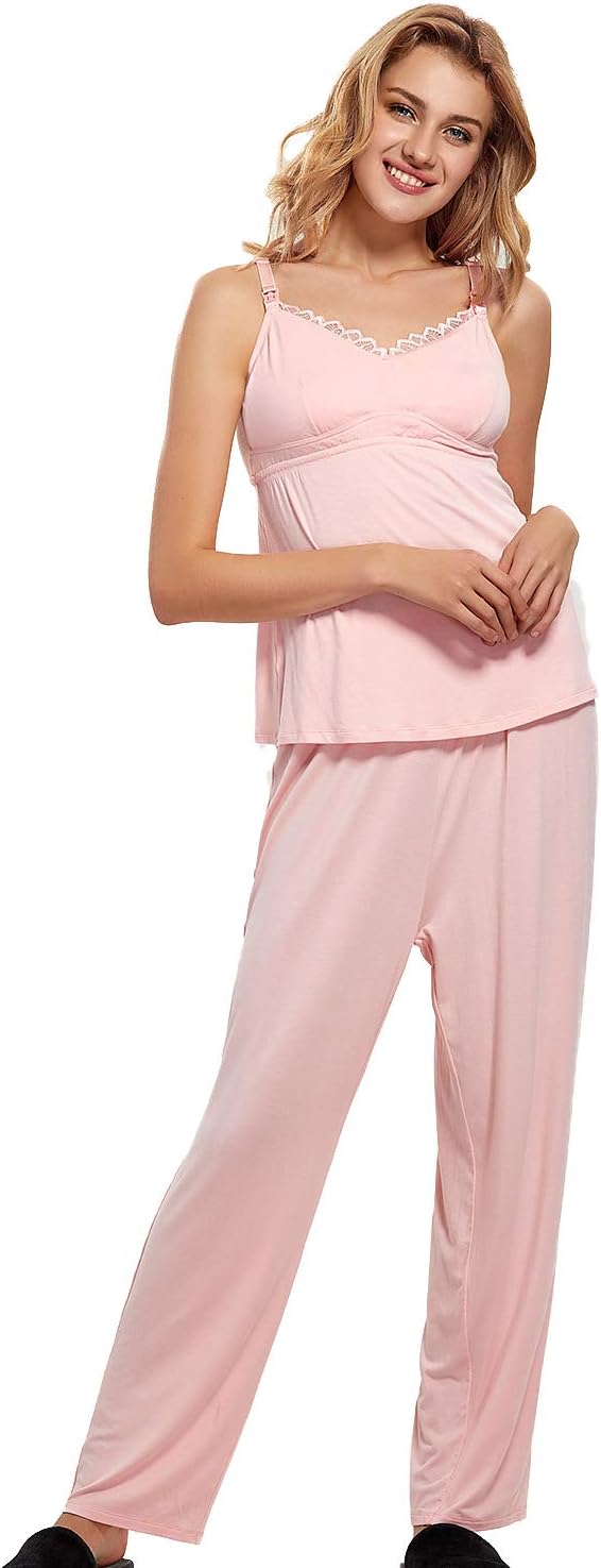 MOMANDA Women's Maternity Nursing Pajamas Set Lace Pregnancy Sleepwear