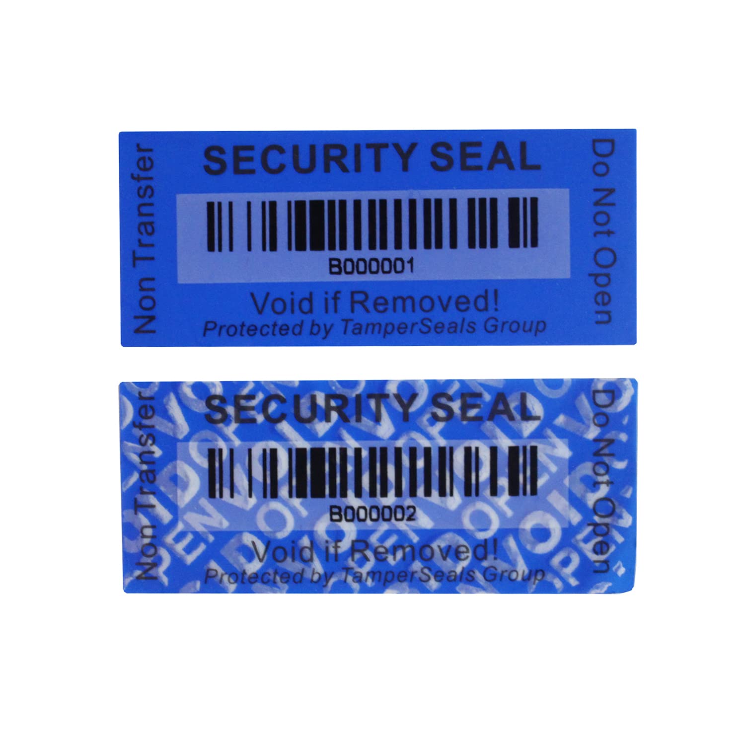 TamperSeals Group – 100 Pieces 25 x 60 mm Blue Non-Transferable Tamper Proof Security Void Self-Adhesive Labels with Barcode Seals for Reusable Packaging or an Expensive Surface