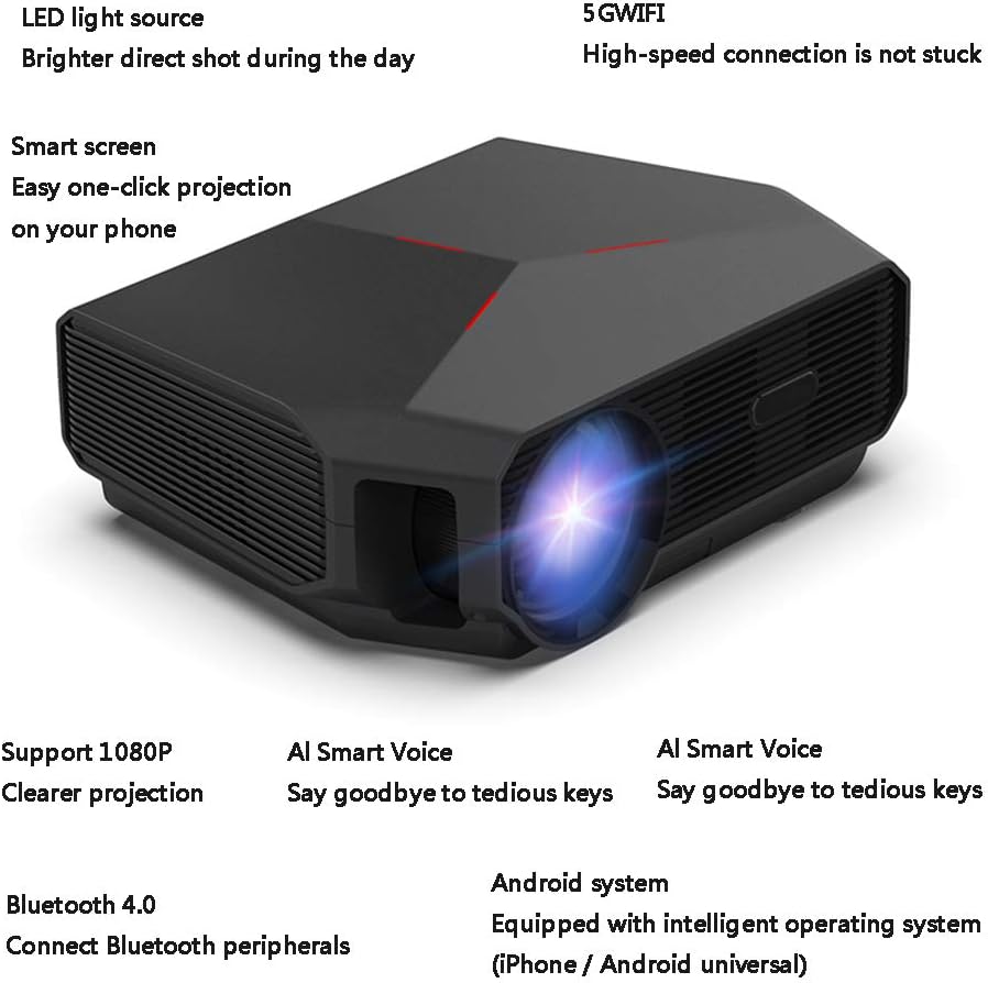 HWUKONG Projector, Wifi Voice Control 4K Bluetooth Projector Portable Home Mobile Phone Projection All-In-One, 12000 Lumens Wireless 3D Home Theater with 50,000 Hrs LED Lamp Life,Black