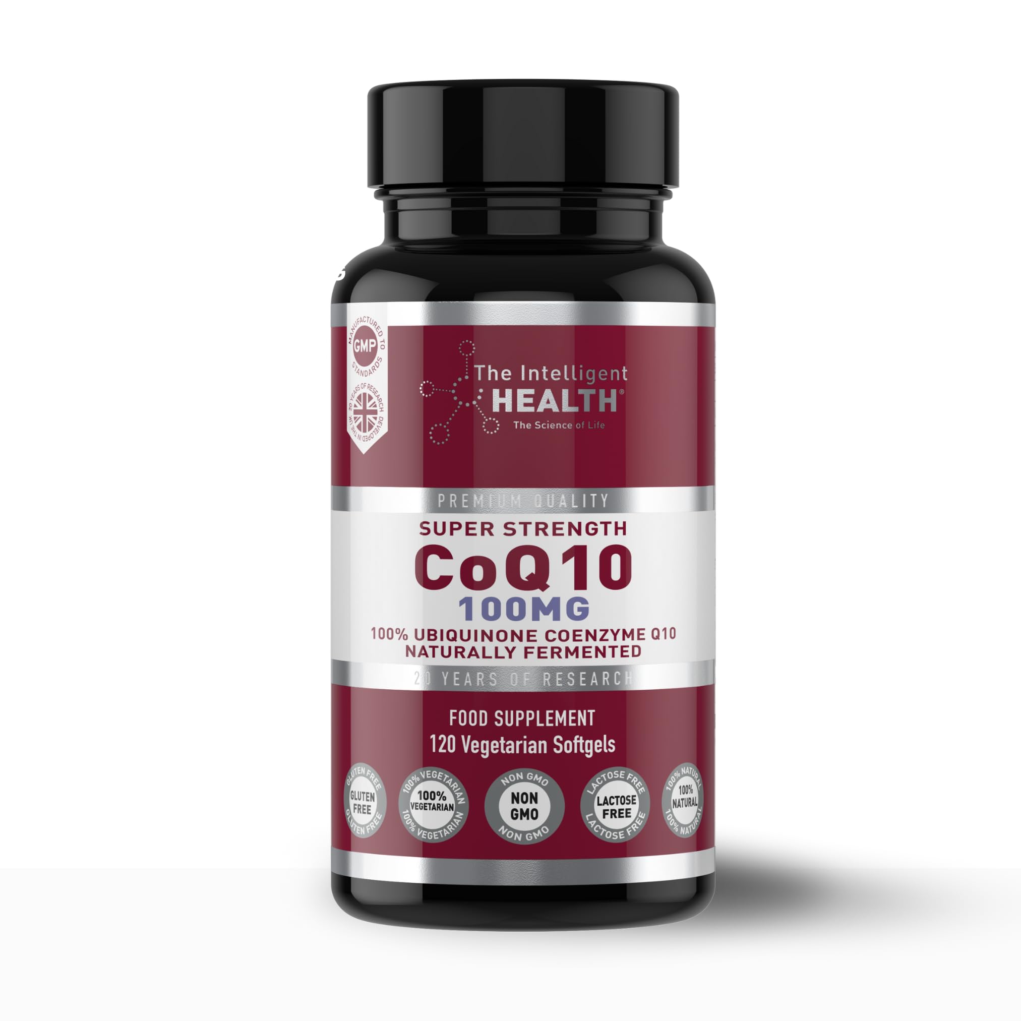The Intelligent Health CoQ10 Supplement, Fermented Coenzyme Q10 Ubiquinone for Women & Men, Easy to Swallow 100mg 120 Vegetarian Softgels