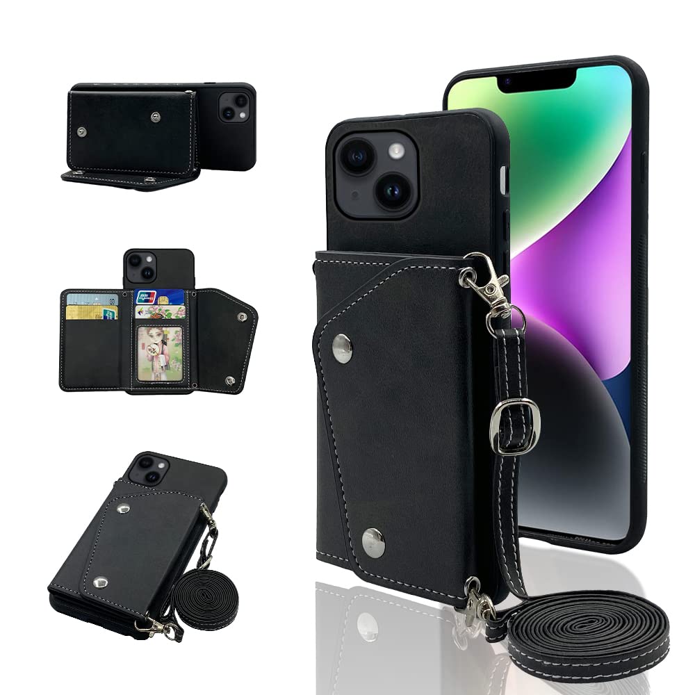 ELISORLI Phone Cover for iPhone 14 Pro 6.1 inch Wallet Case with Crossbody Shoulder Strap and Stand Leather Credit Card Holder Cell iPhone14Pro 5G i i-Phone i14 iPhone14 14Pro Girls Women Black