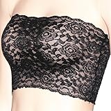 Women's Plus Size Floral Lace Unlined Stretchy Strapless See Through Bandeau Tube Top (S-L, Black)