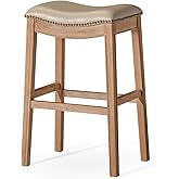 Maven Lane Adrien Backless Bar Stool – 31 Inch Saddle Seat with Footrest – Brown Solid Wood Frame & Beige Faux Leather Uphols