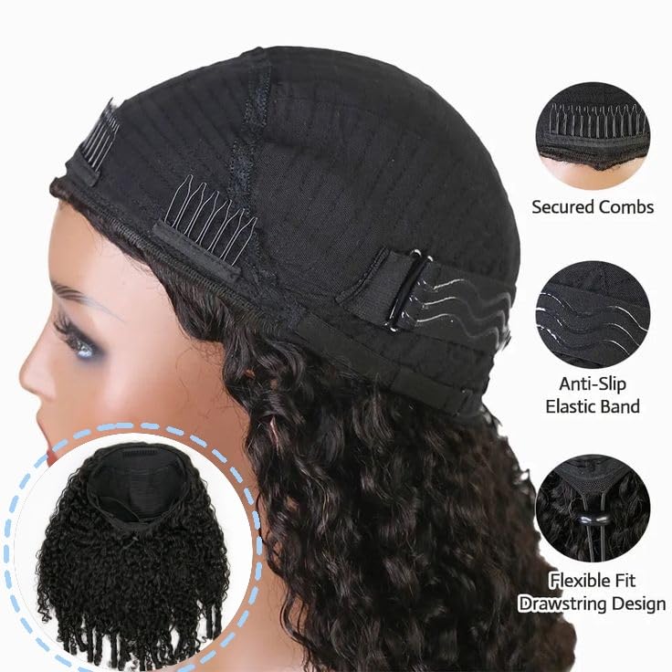 Human Hair Wig Curly Human Hair Half Wig Half Head Burmese Curly Brazilian Glueless with Spiral Curly Ends 3 in 1 Drawstring Seamless Clip Ins Flip Over Natural Black 24 Inches