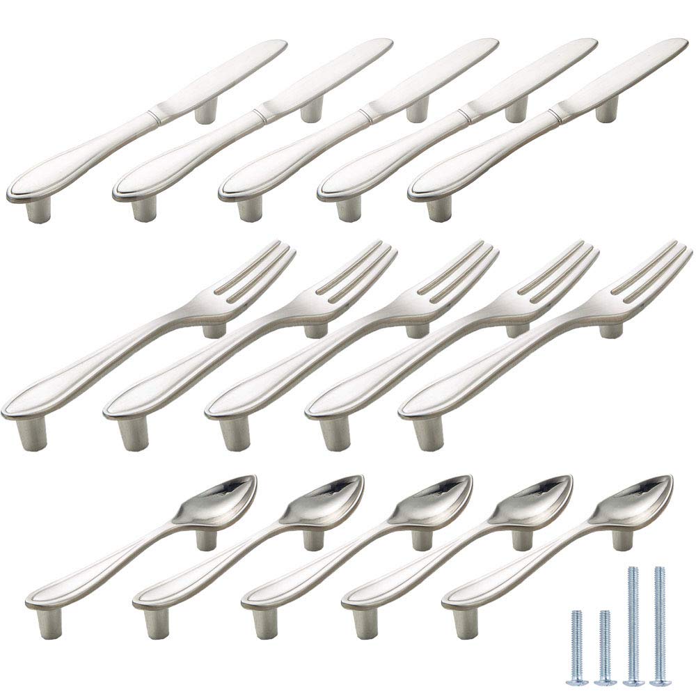 AUGUT 15 Pack Cabinet Pulls Hole Center 3",Coqlycot Door Tableware Handles Spoon Knife Fork Shape for Kitchen Cupboard Dresser Closet Drawer Silver