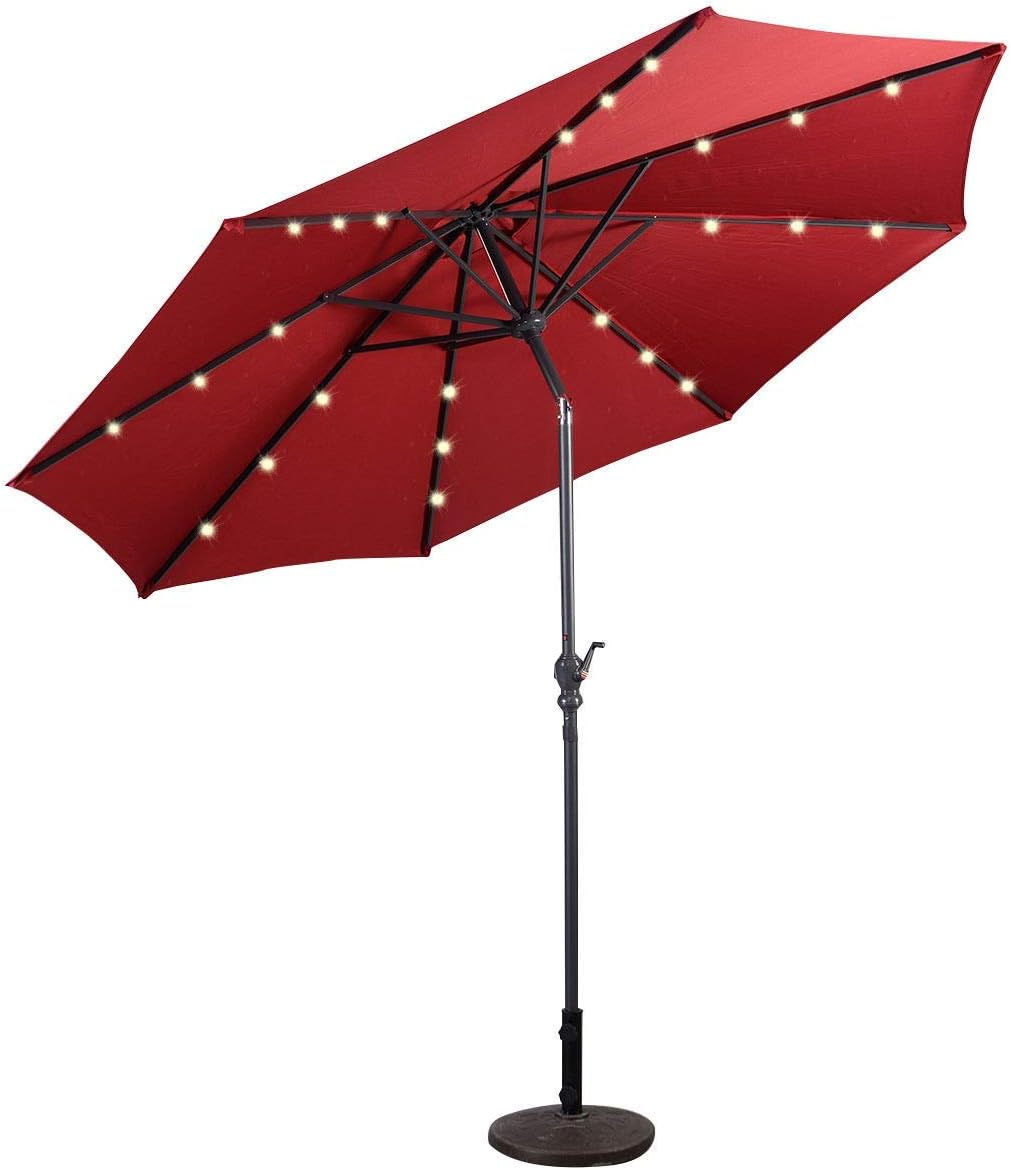 Amazon Com Custpromo 10 Ft Solar Patio Umbrella Outdoor Market Sunbrella With Led Lighted 8 Ribs Market Steel Tilt Solar Led Patio Umbrella With Crank Burgundy Garden Outdoor