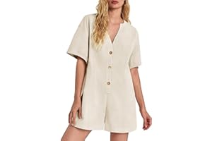 Tongmingyun Womens Short Sleeve Romper Casual Summer Cotton V Neck Button Down Short Jumpsuit