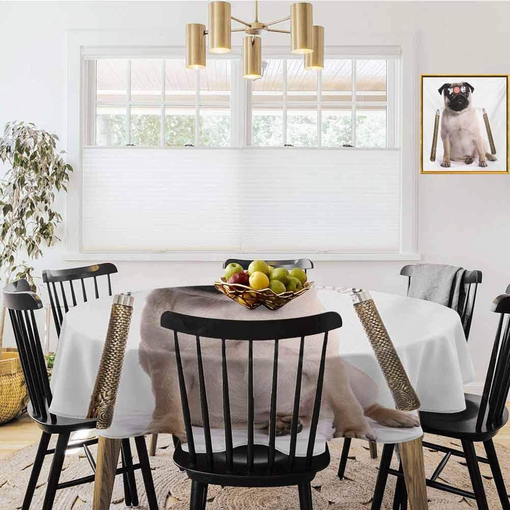 shirlyhome Pug Round Tablecloths Ninja Puppy with Nunchuk Karate Dog Warrior Inspired Costume Pug Image Decorative Round Tablecloth Cream Black Gold (Diameter 70")
