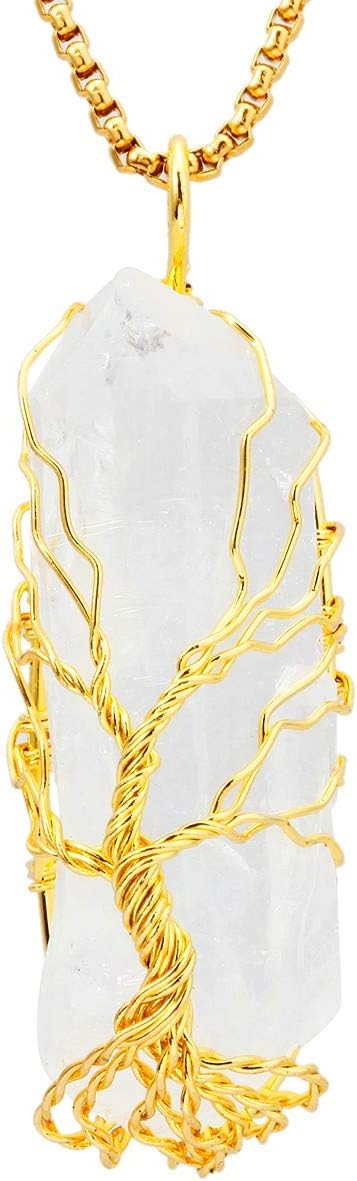 Natural Crystal Quartz Stone Pendant Necklace for Unisex, Titanium Coated Rock Crystal Pendant with Chain