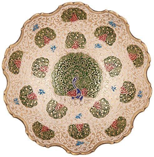 Zap Impex Golden Plated Brass Decorative Dry Fruit Bowl carving Work - Size- 7" Beautiful White Color Peacock design Kitchenware Gift