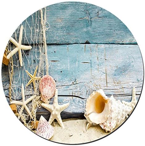 BWOOLL Pretty Turquoise Blue Nautical Background Decorated with Draped Fishing Net and Starfish on Painted Rustic Wooden Boards Design Round Non-Slip Rubber Mouse Pad (7.87 X 7.87 Inch)