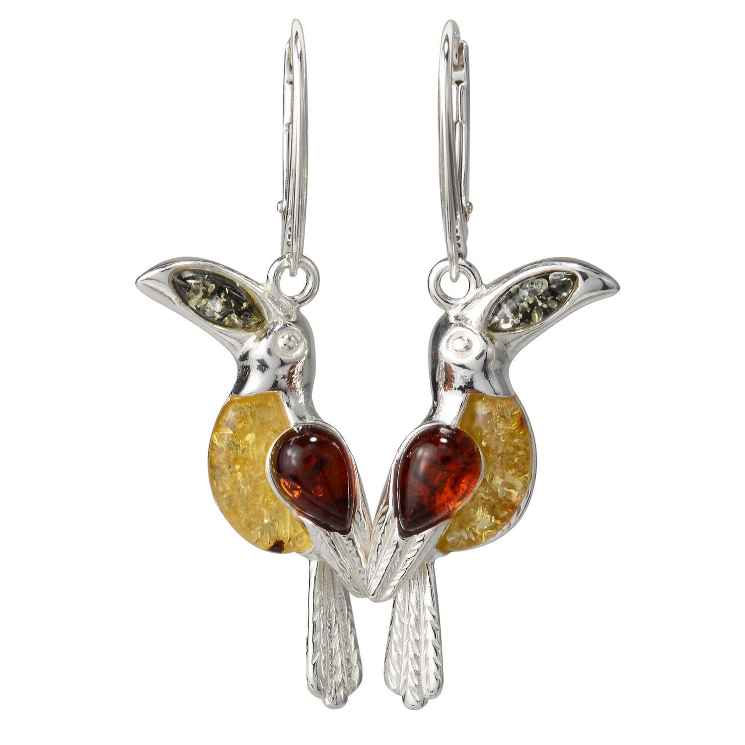 Sterling Silver and Baltic Amber French Leverback Toucan Earrings