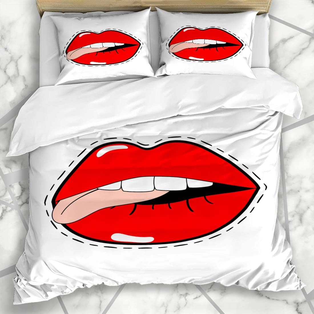 DANGCCI Duvet Cover Sets King 90x104 Inches Pink Beauty Patch Red Lips Passion Tongue Comic Abstract Badge Clipart Closeup Cute Desire Drawing Decorative 3 Pieces Bedding Set with 2 Pillow Shams