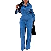 RISCUYY 2 Piece Denim Sets for Women Long Sleeve Jean Blouse and Wide Leg Pants Set Casual