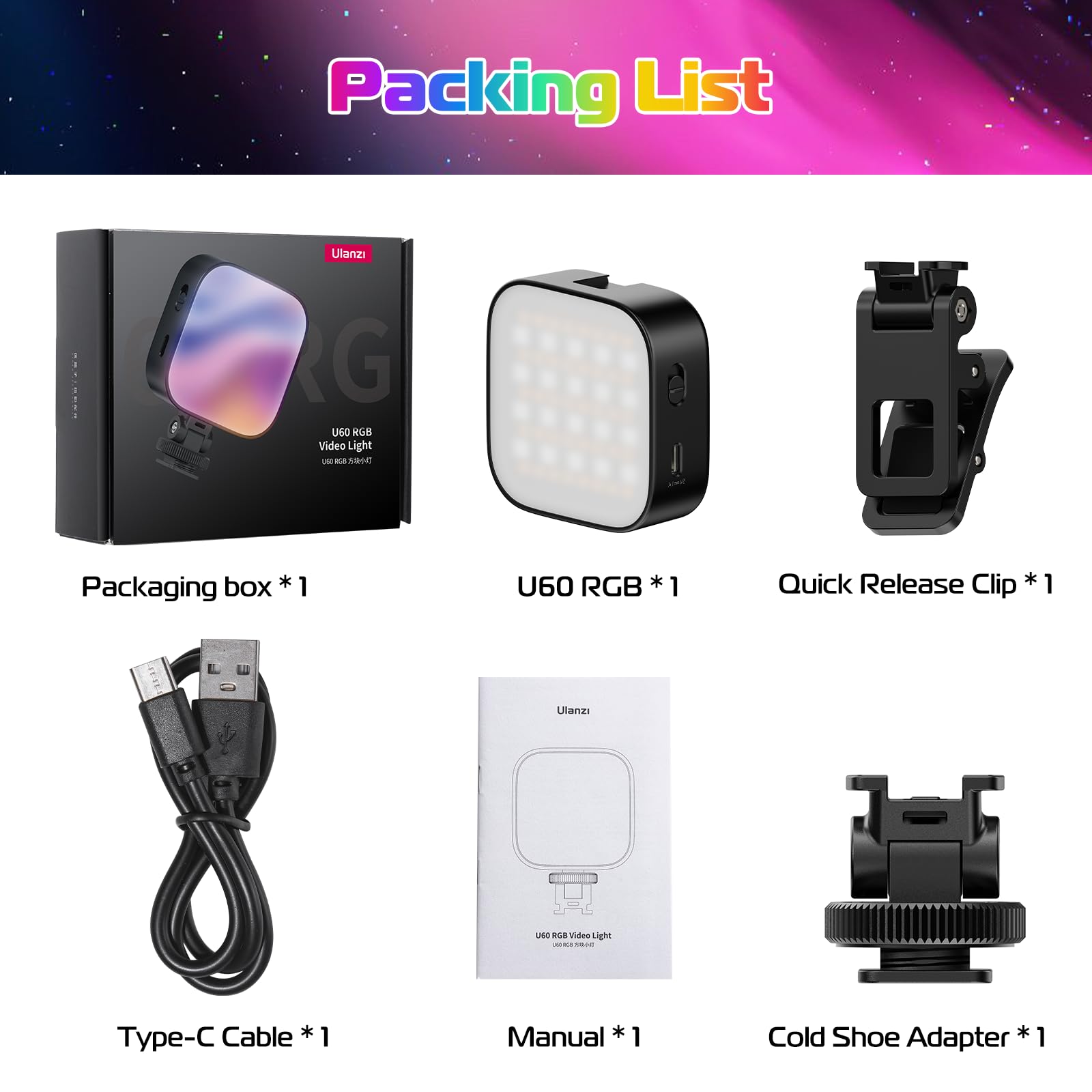 ULANZI U60 RGB Video Lights Black LED Camera Light 360° Full Color Portable Photography Lighting w Quick Release Cold Shoe Adapter and Clip, 2500mAh Rechargeable CRI 95+ 2500-9000K Dimmable Panel Lamp