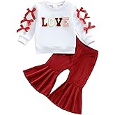 Eurvoku Toddler Baby Girl Valentines Day Outfit Embroidery Crewneck Long Sleeve Sweatshirt Top Flared Pants Set